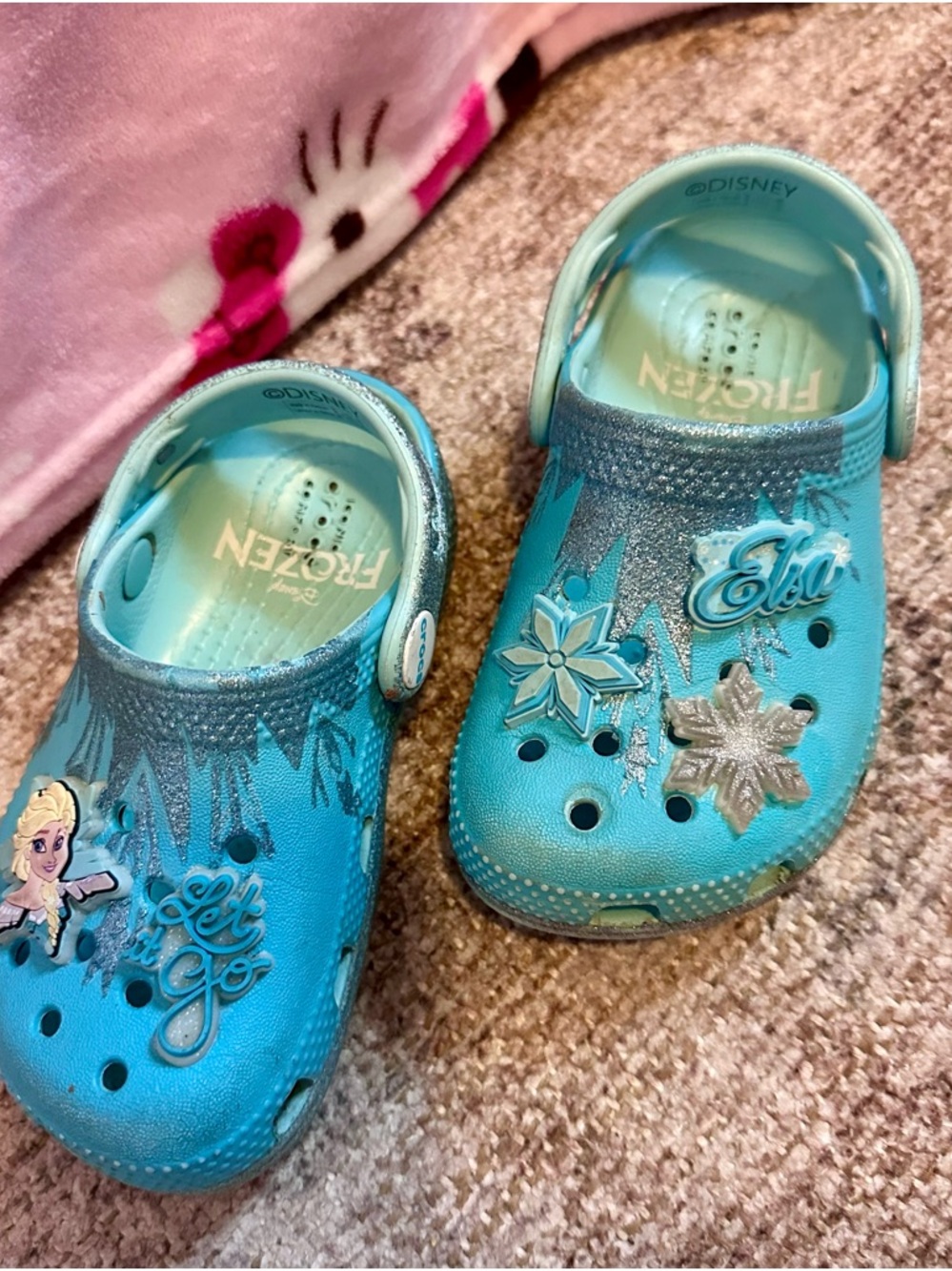 Disney Elsa Turquoise Blue Kids Croc Sandals with Snowflake Charms